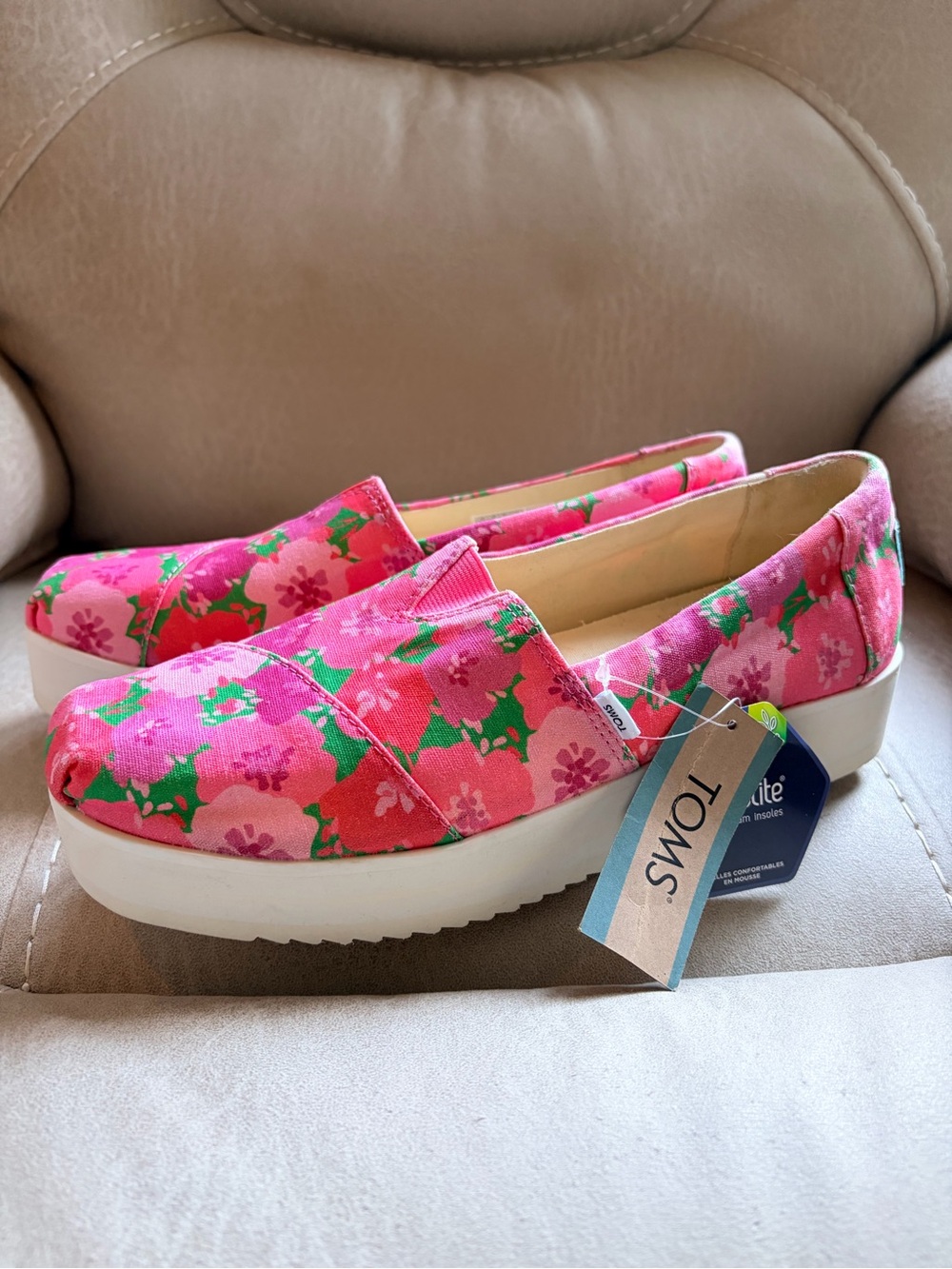 TOMS Pink & Green Floral Platform Mules